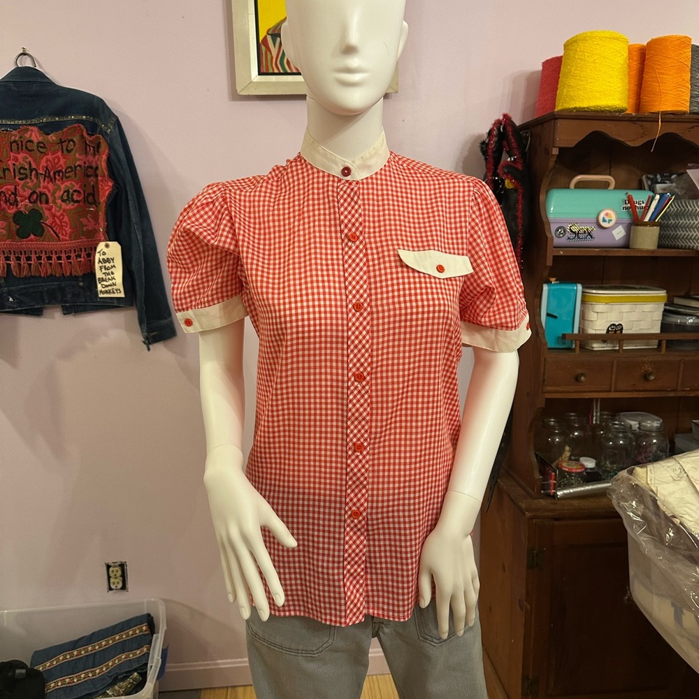 Vintage Red Gingham Puff Sleeve Blouse (M) - Picture 2 of 3
